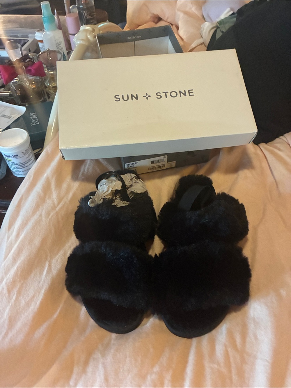 Sun + Stone Black Faux Fur Double-Band Slide Slippers